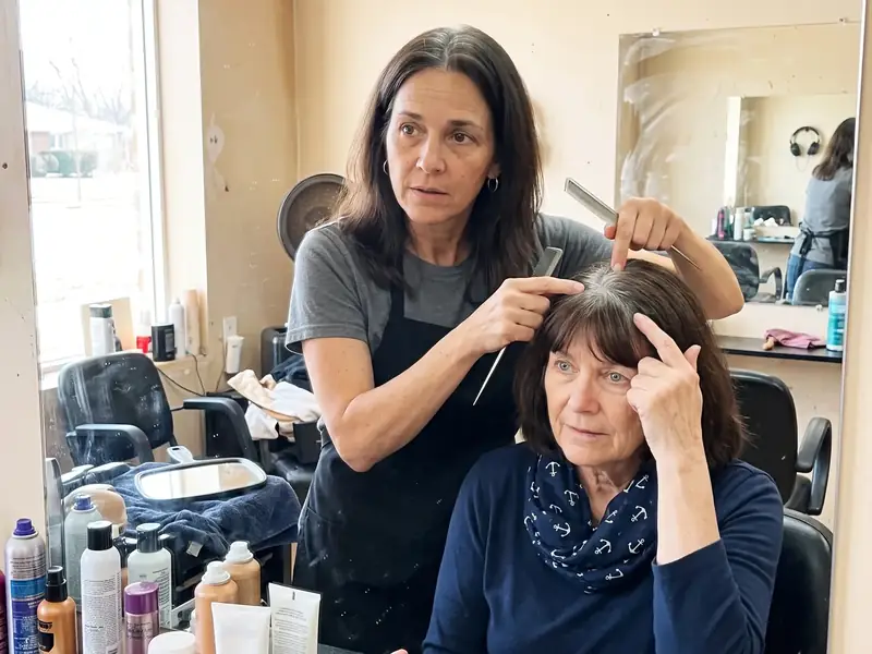 A colorist pointing at the regrowth line on a seated client's part