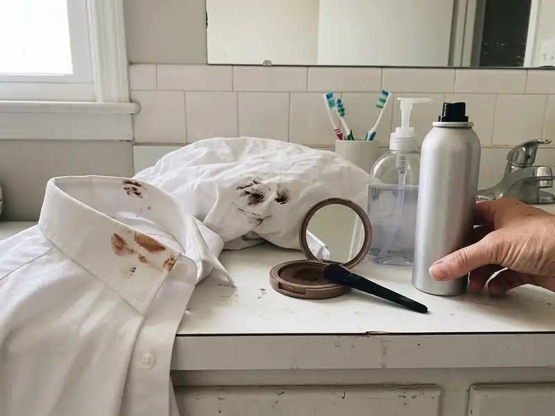 A shirt collar and a pillowcase with brown smudges next to a root powder compact