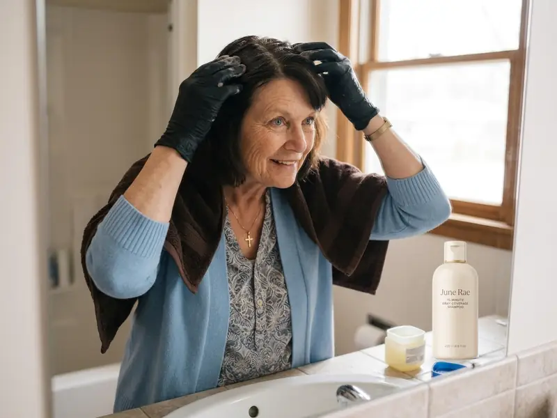 Gloved hands working shampoo lather into the gray temples of a woman at her bathroom sink