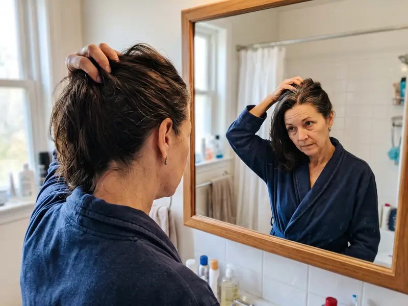A woman in her sixties looking at her part in a bathroom mirror in morning light